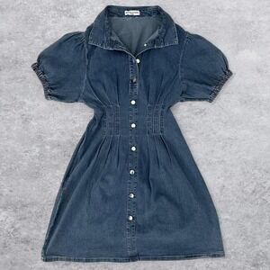 Revelation Womens Blue‎ Denim Puff Sleeve Button Front Pleated Mini Y2k Dress